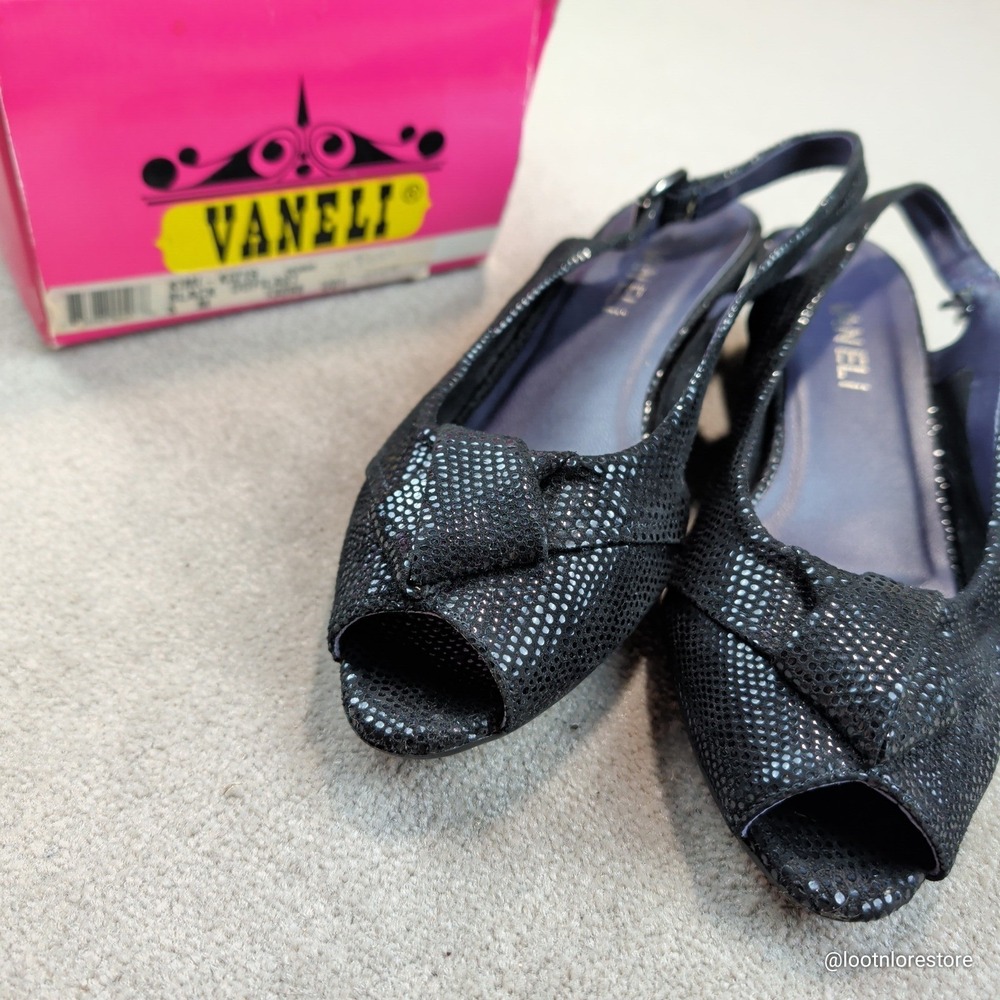 Vaneli Kimi Slingback Heels Black Textured Peep Toe Bow Wedge Vintage 90s 6 M